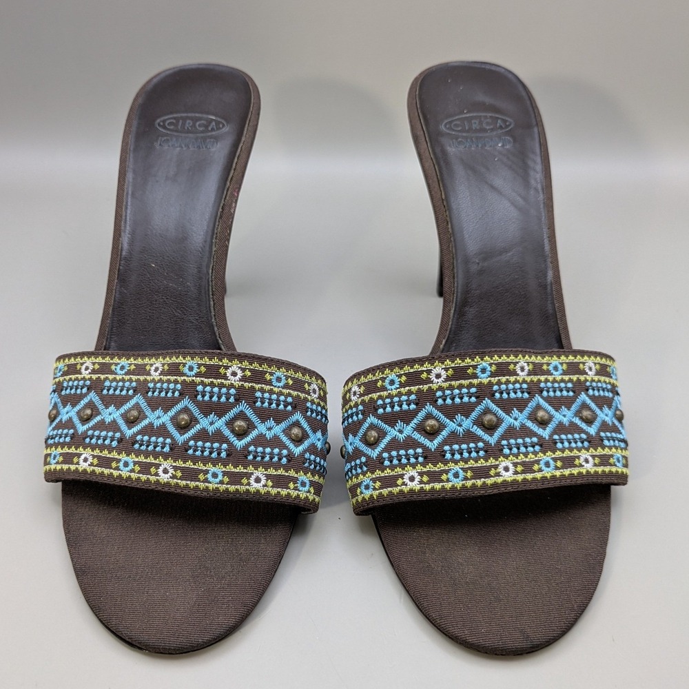 Circa Joan & David Brown Embroidered Studded Mule Heels Leather Sole Womens 9.5M